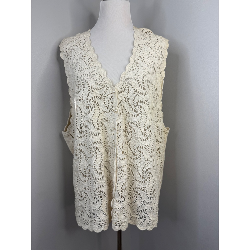 Vintage Maggie Lawrence Ivory Crochet Pearl Sweater Vest Women 26/28W Plus‎ Size